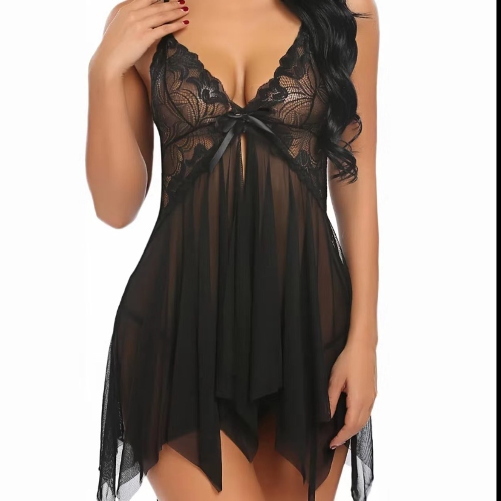 Black Lace Mesh Babydoll Night Gown Dress